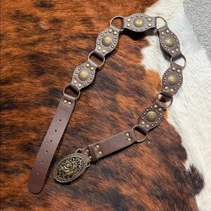 Brown Leather Belt with Brass Accents